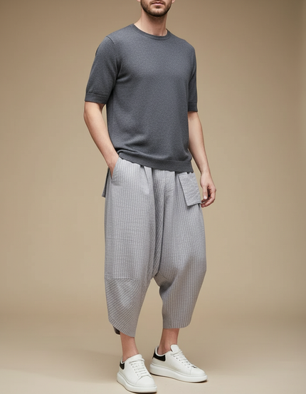 Pantalon Fluide Gris Rayé Ample Harem Coton Lin