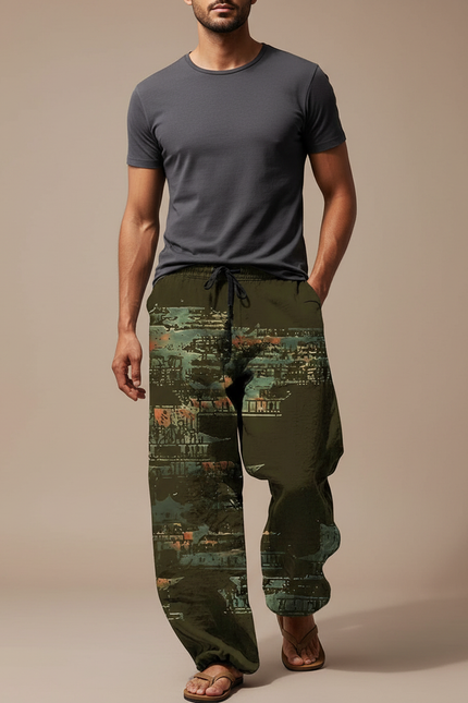Pantalon Fluide Vert Ample Imprimé Urbain Cordon Homme - Kaki Polyester