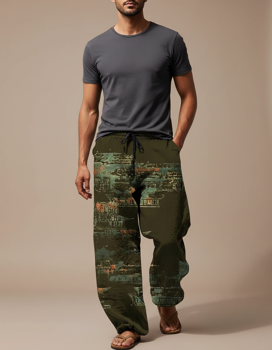 Pantalon Fluide Vert Ample Imprimé Urbain Cordon Homme - Kaki Polyester