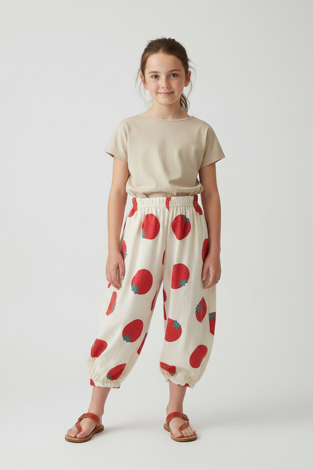 Pantalon Fluide Écru Ample Fraises Coton Enfant - Beige