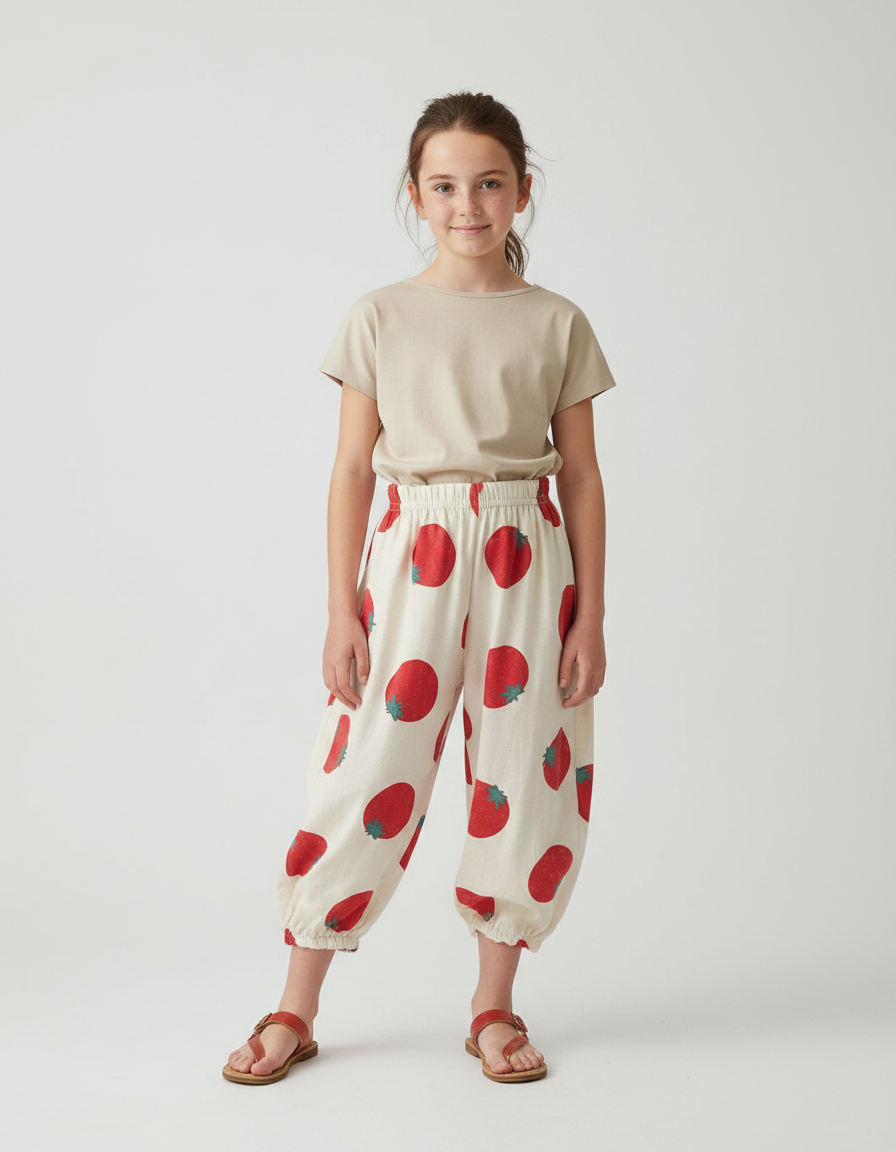 Pantalon Fluide Écru Ample Fraises Coton Enfant - Beige