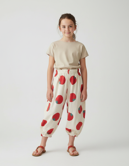 Pantalon Fluide Écru Ample Fraises Coton Enfant - Beige