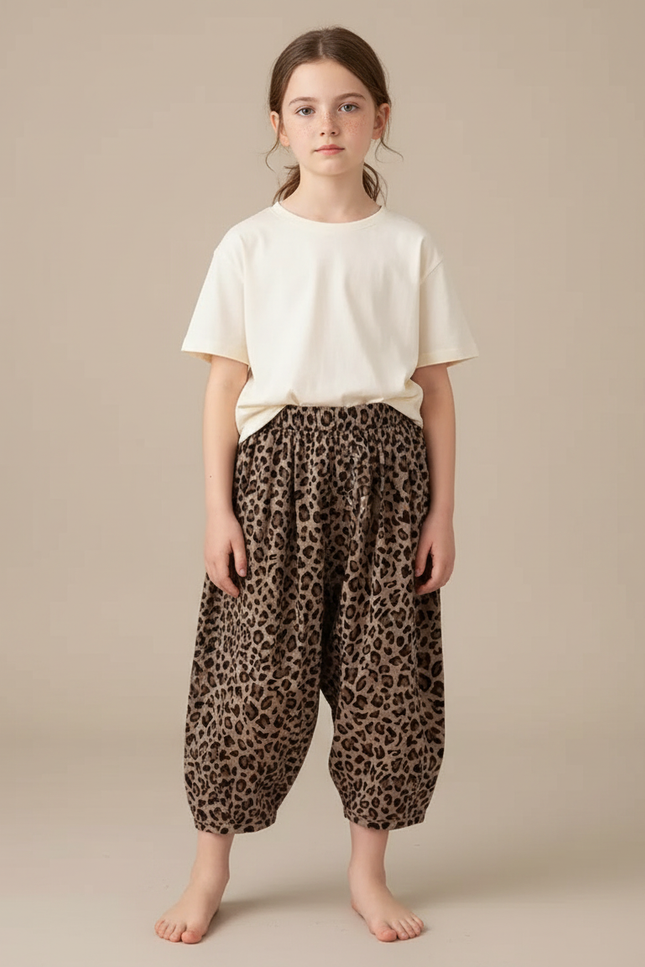 Pantalon Fluide Léopard Ample Sarouel Enfant Marron - Viscose