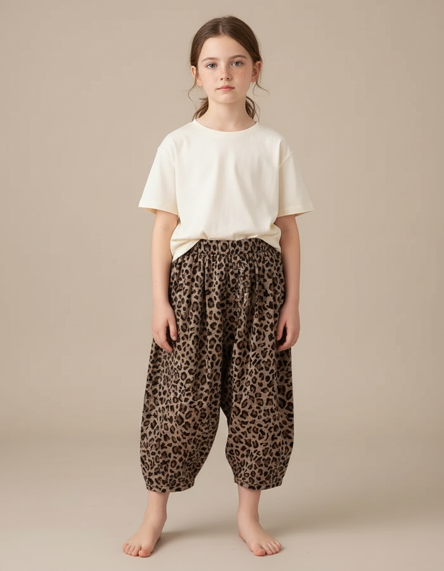 Pantalon Fluide Léopard Ample Sarouel Enfant Marron - Viscose