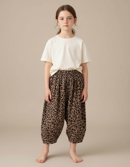 Pantalon Fluide Léopard Ample Sarouel Enfant Marron - Viscose