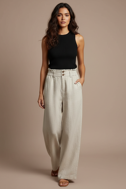 Pantalon Fluide Beige Large Taille Haute Lin
