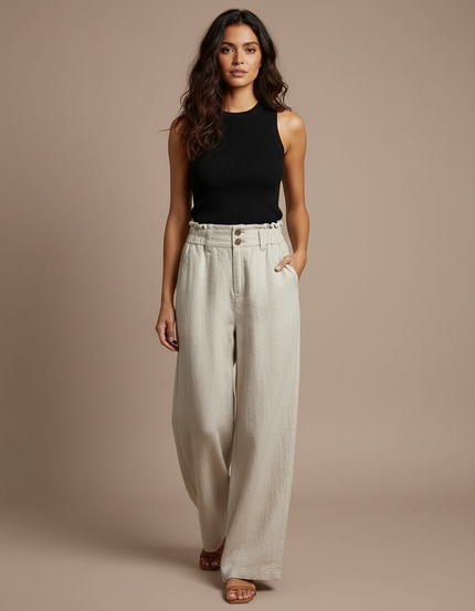 Pantalon Fluide Beige Large Taille Haute Lin