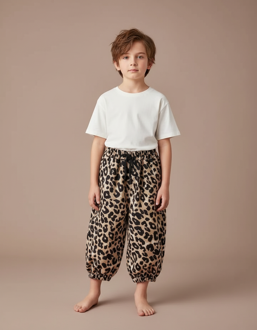 Pantalon Fluide Léopard Ample Élastiqué Unisexe Décontracté - Imprimé Molleton