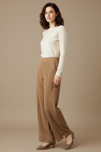 Pantalon Fluide Côtelé Marron Taille Haute Décontracté Femme - Cordé