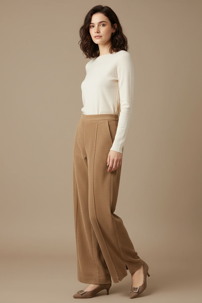 Pantalon Fluide Côtelé Marron Taille Haute Décontracté Femme - Cordé