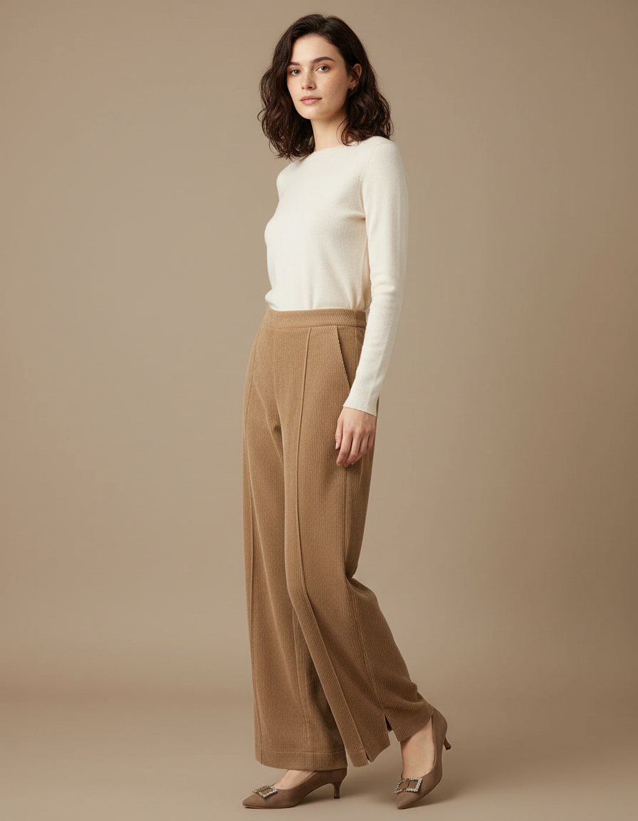 Pantalon Fluide Côtelé Marron Taille Haute Décontracté Femme - Cordé
