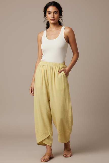 Pantalon Fluide Jaune Ample Texturé Décontracté - Lin
