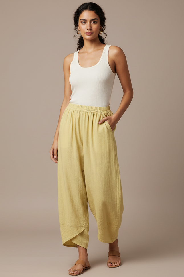 Pantalon Fluide Jaune Ample Texturé Décontracté - Lin