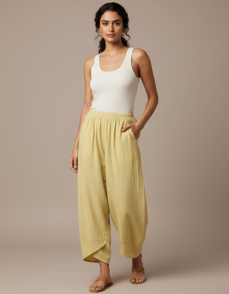 Pantalon Fluide Jaune Ample Texturé Décontracté - Lin