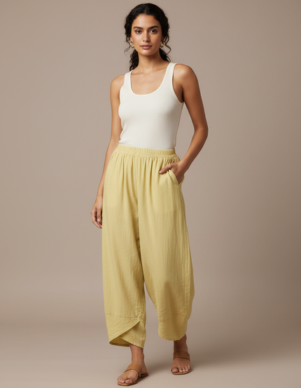 Pantalon Fluide Jaune Ample Texturé Décontracté - Lin