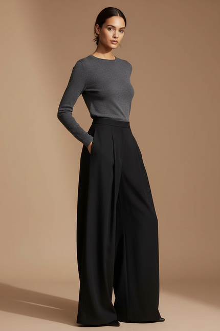 Pantalon Fluide Noir Ample Plissé Taille Haute Élégant - Polyester