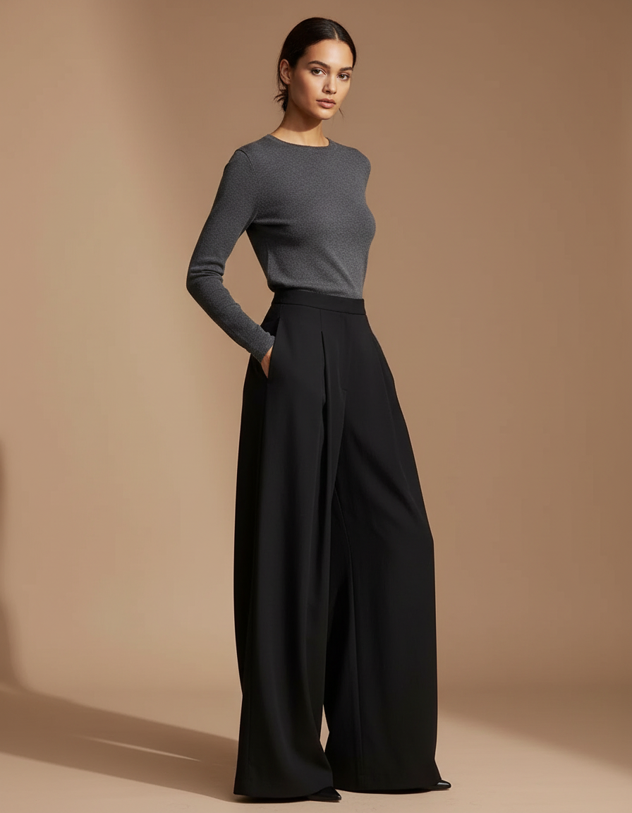 Pantalon Fluide Noir Ample Plissé Taille Haute Élégant - Polyester