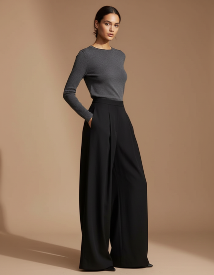 Pantalon Fluide Noir Ample Plissé Taille Haute Élégant - Polyester