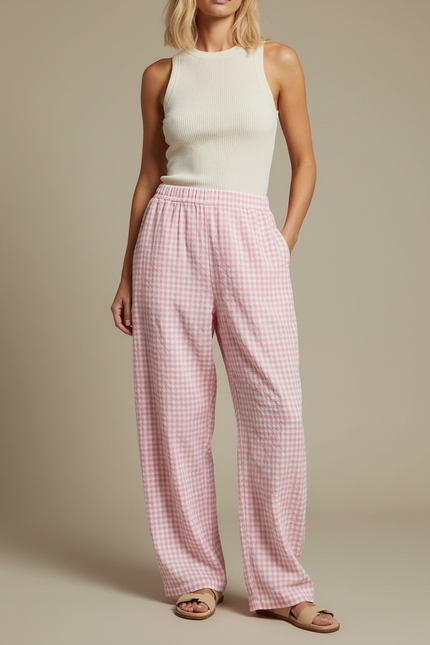 Pantalon Fluide Rose Gingham Ample Décontracté Plaid - Coton