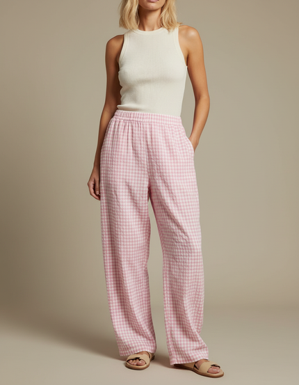 Pantalon Fluide Rose Gingham Ample Décontracté Plaid - Coton