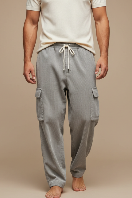 Pantalon Fluide Gris Côtelé Cargo Ample Décontracté - Cordé