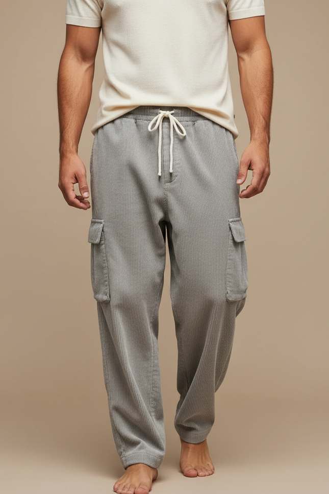 Pantalon Fluide Gris Côtelé Cargo Ample Décontracté - Cordé