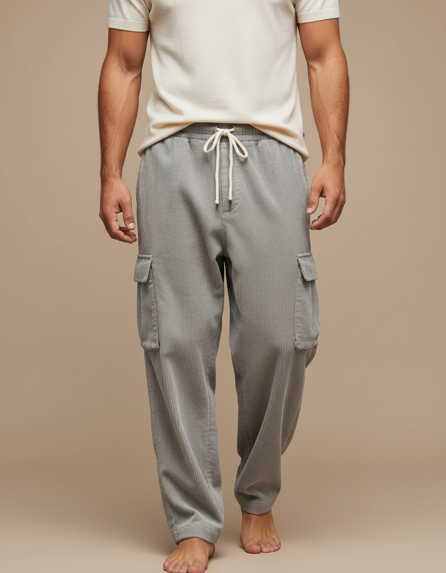Pantalon Fluide Gris Côtelé Cargo Ample Décontracté - Cordé