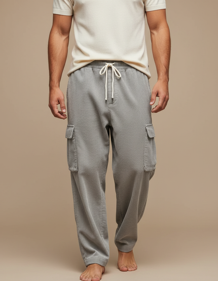 Pantalon Fluide Gris Côtelé Cargo Ample Décontracté - Cordé