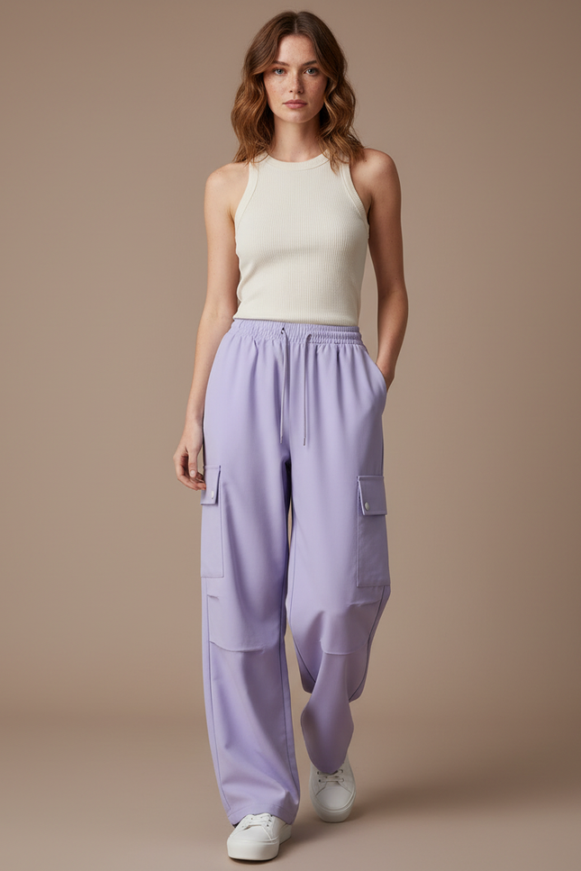 Pantalon Fluide Cargo Violet Ample Cordon Décontracté - Polyester