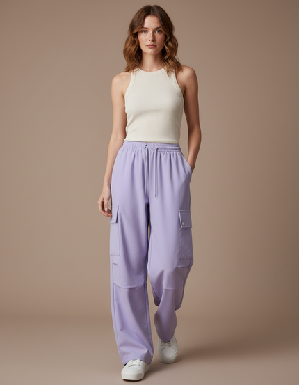 Pantalon Fluide Cargo Violet Ample Cordon Décontracté - Polyester