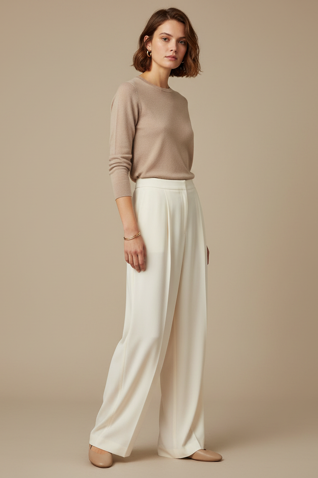 Pantalon Fluide Écru Ample Élégant Taille Haute - Blanc Polyester