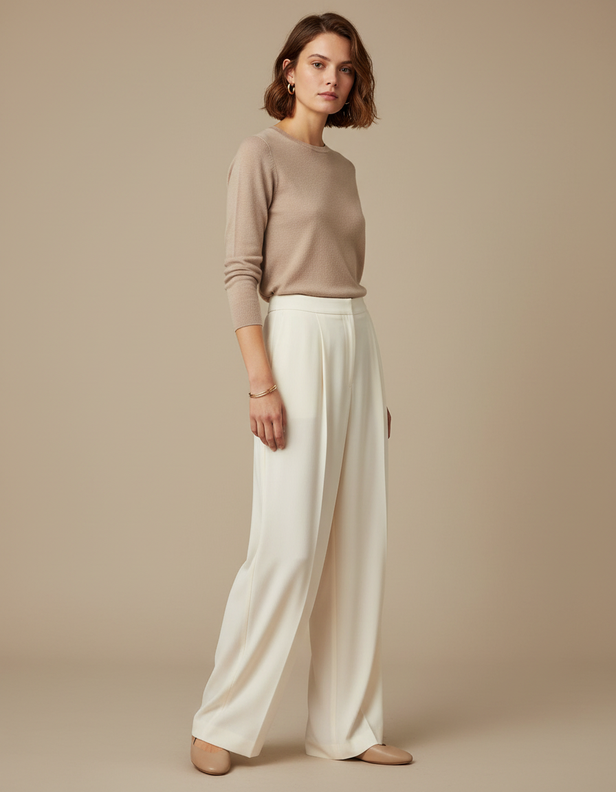 Pantalon Fluide Écru Ample Élégant Taille Haute - Blanc Polyester