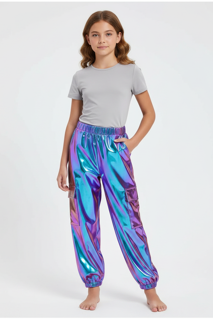 Pantalon Fluide Cargo Métallisé Brillant Holographique Fille - Multicolore Polyester