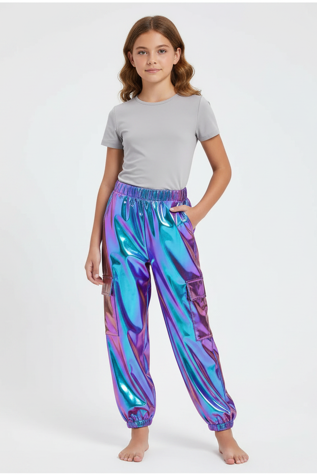 Pantalon Fluide Cargo Métallisé Brillant Holographique Fille - Multicolore Polyester
