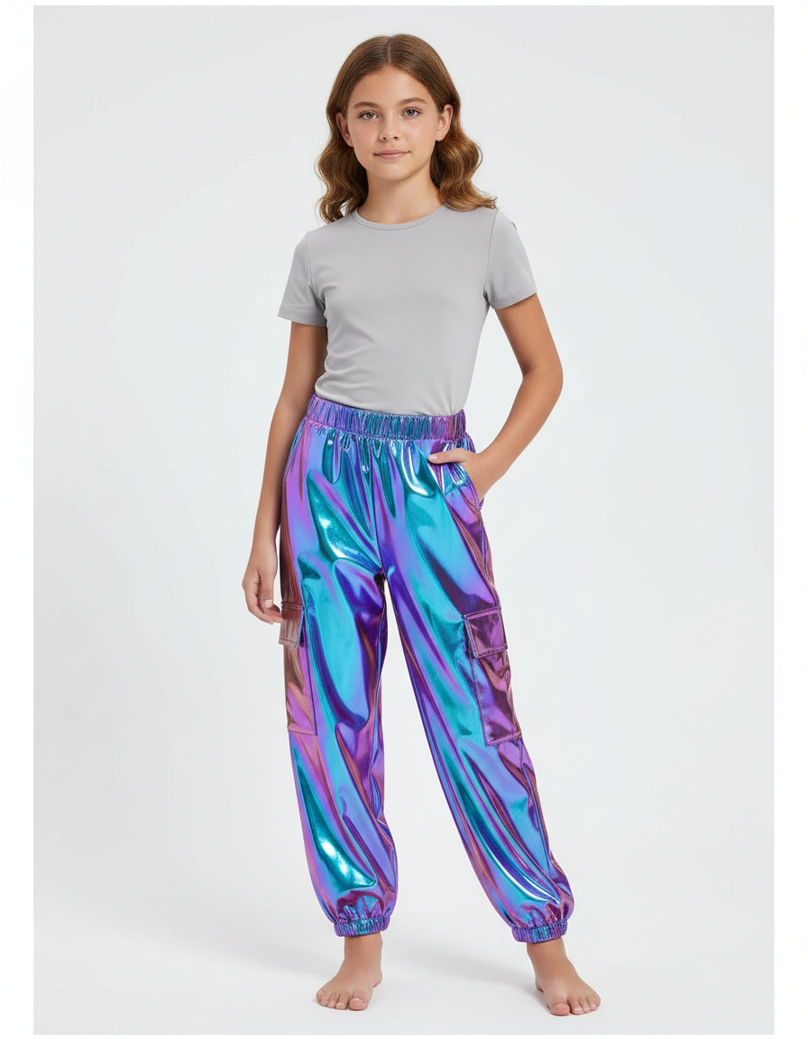 Pantalon Fluide Cargo Métallisé Brillant Holographique Fille - Multicolore Polyester