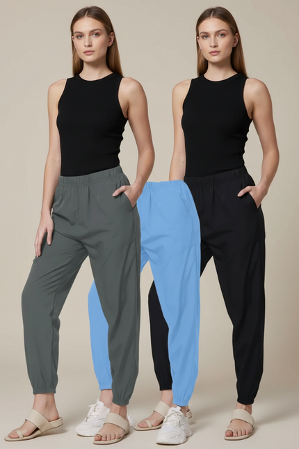 Pantalon Fluide Noir Gris Bleu Cordon Respirant - Polyester