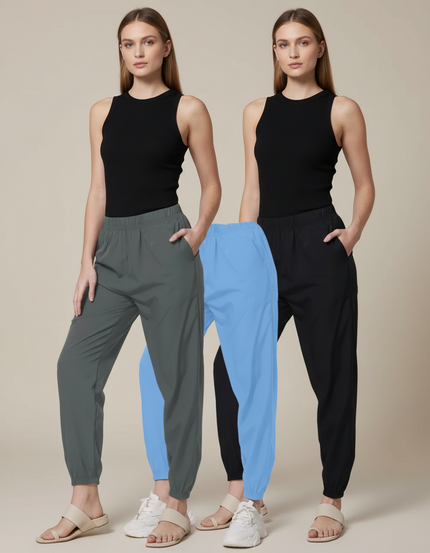 Pantalon Fluide Noir Gris Bleu Cordon Respirant - Polyester