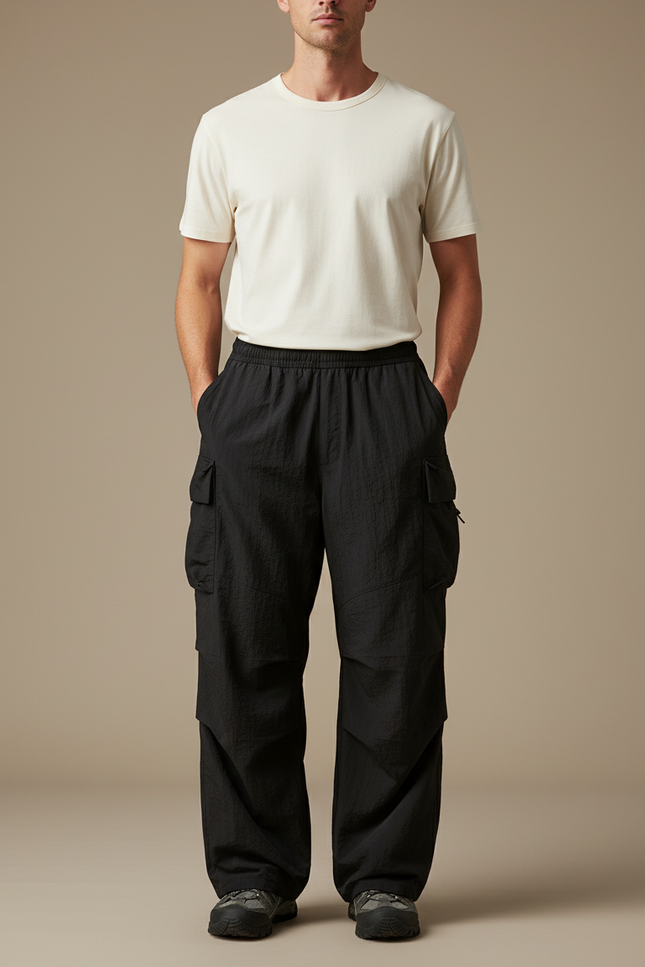 Pantalon Fluide Cargo - Noir Polyester