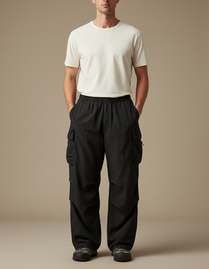Pantalon Fluide Cargo - Noir Polyester