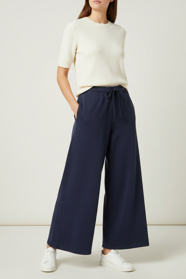 Pantalon Fluide Bleu Marine Ample Cordon Confortable Femme - Molleton