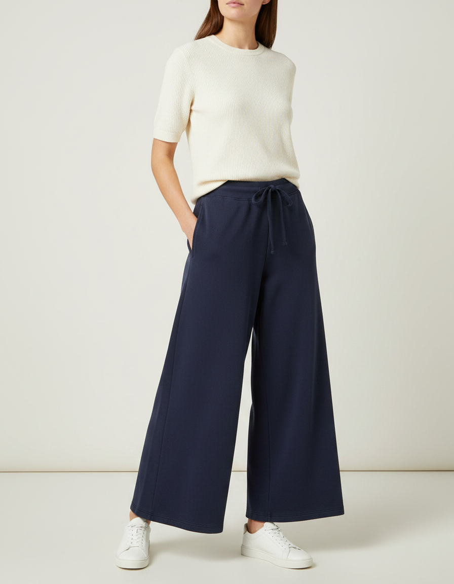 Pantalon Fluide Bleu Marine Ample Cordon Confortable Femme - Molleton