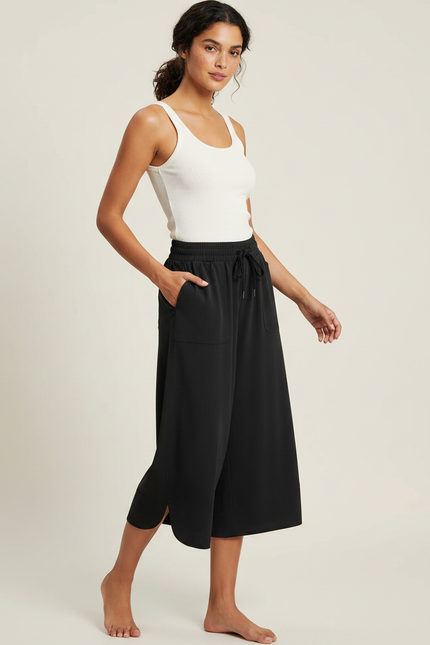 Pantalon Fluide Noir Ample Décontracté Cordon Sportif Léger - Polyester