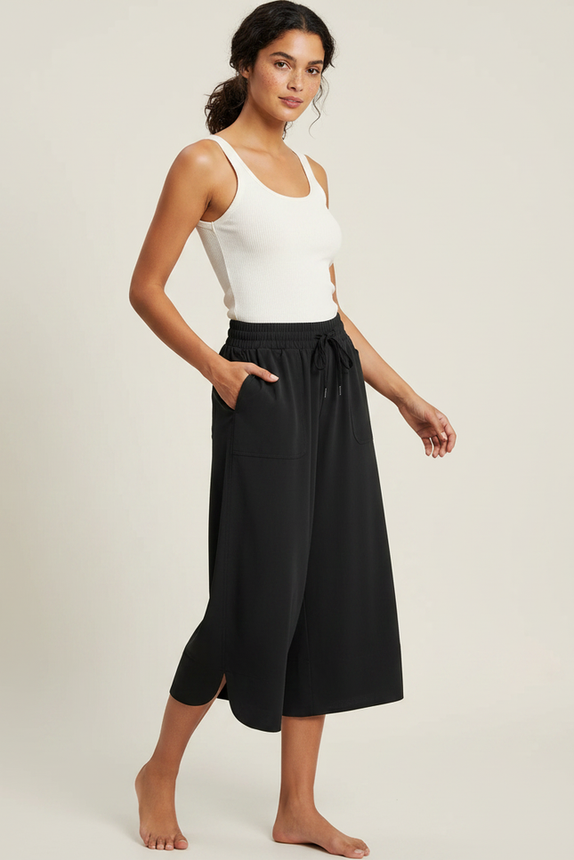 Pantalon Fluide Noir Ample Décontracté Cordon Sportif Léger - Polyester