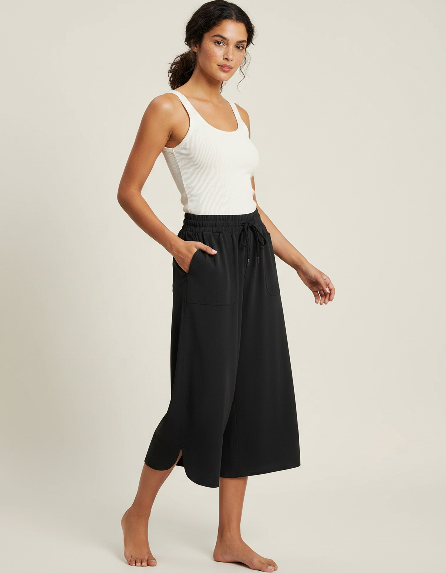 Pantalon Fluide Noir Ample Décontracté Cordon Sportif Léger - Polyester