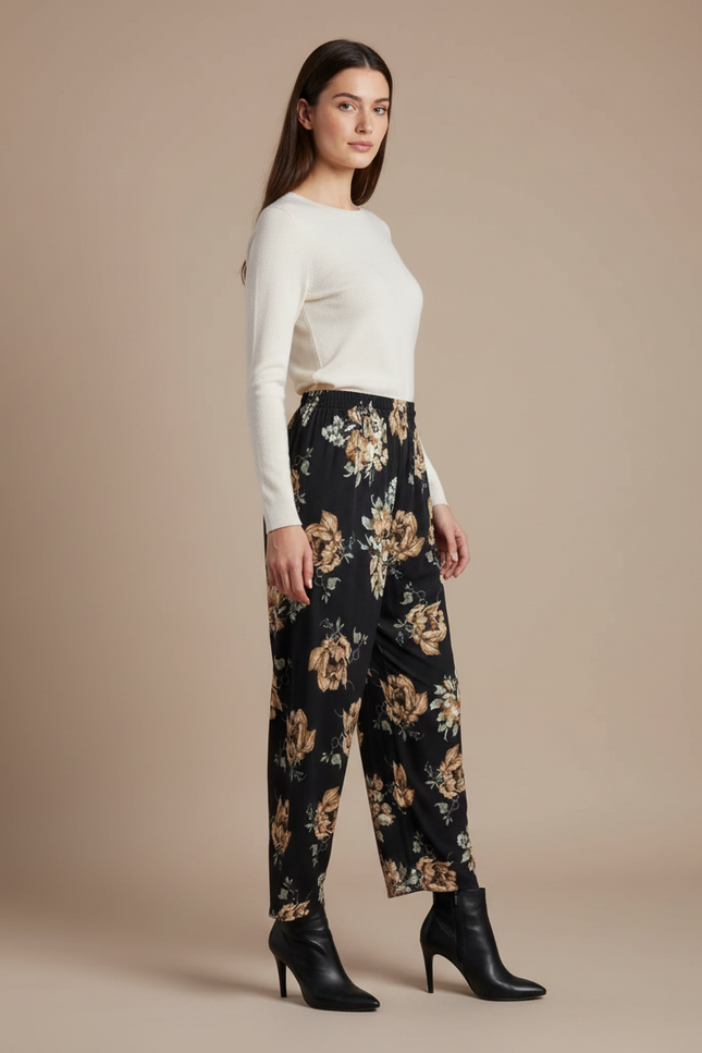 Pantalon Fluide Noir Floral Ample Femme Élégant - Imprimé Viscose