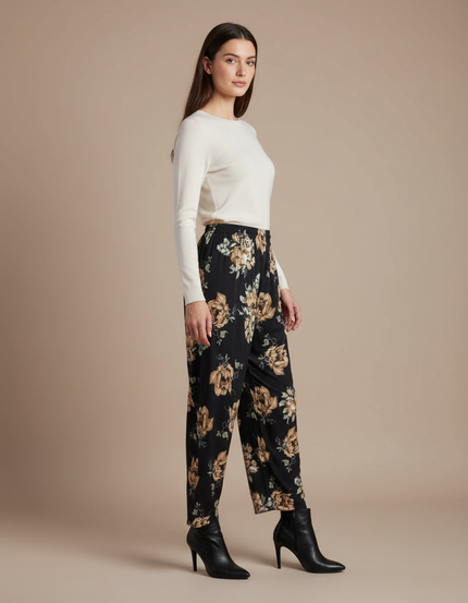 Pantalon Fluide Noir Floral Ample Femme Élégant - Imprimé Viscose
