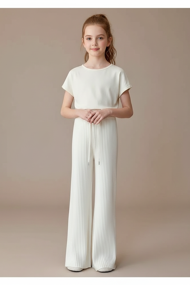 Pantalon Fluide Blanc Côtelé Ample Décontracté Enfant - Maille