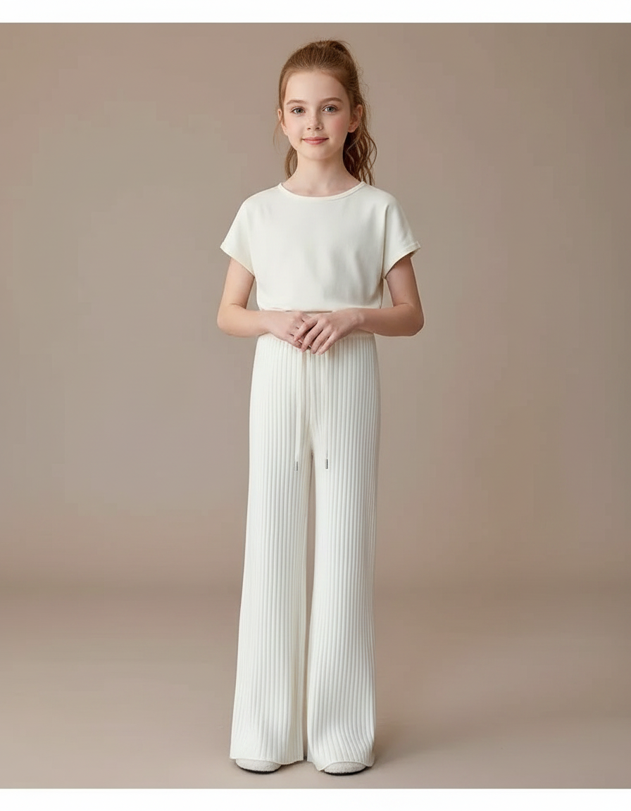 Pantalon Fluide Blanc Côtelé Ample Décontracté Enfant - Maille