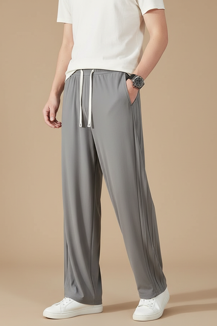 Pantalon Fluide Gris Ample Droit Cordon Décontracté Homme - Polyester