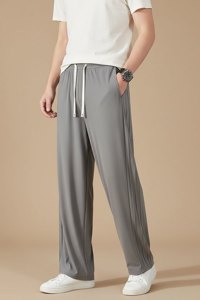 Pantalon Fluide Gris Ample Droit Cordon Décontracté Homme - Polyester